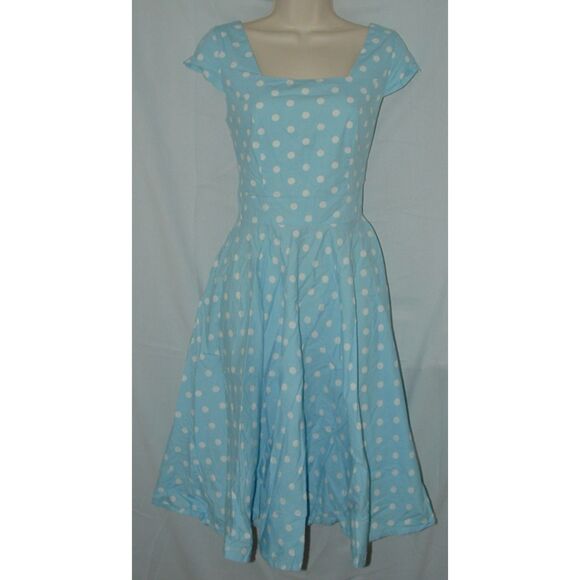 MAGNOLIA PLACE Blue Polka Dot Jr Sz Medium Fit & Flare Square Neck Dress Pockets - Picture 1 of 3